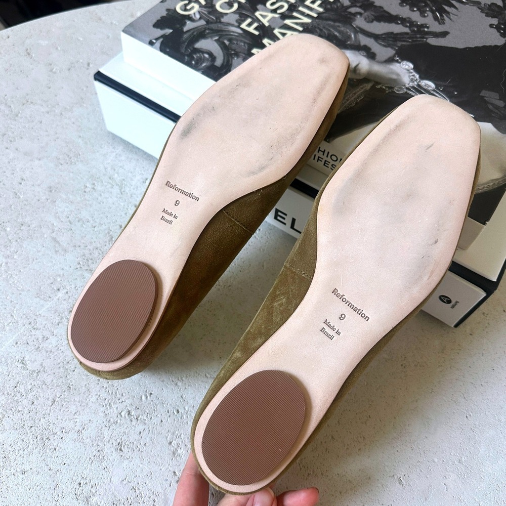 NEW Reformation Prudence Ballet Flats Olive Green Suede Square Toe Slip On 9 - Picture 7 of 7